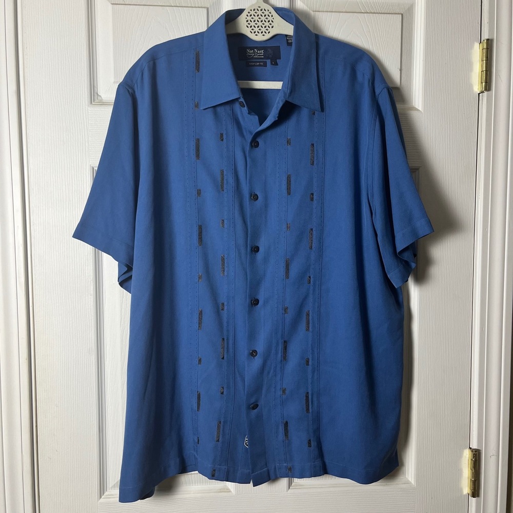 Nat Nast Silk Embroidered Camp Shirt Blue Mens Large American Fit Luxury Origina
